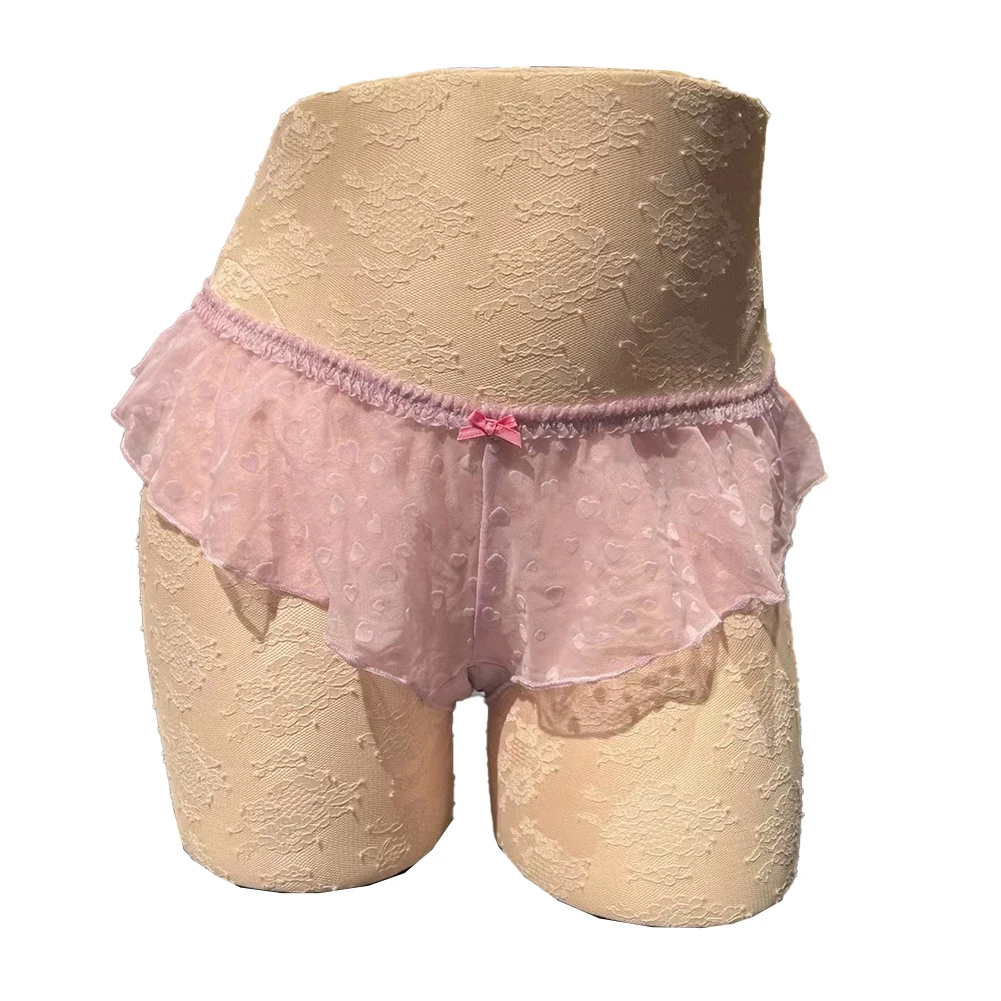 

2022 Sexy Men Sissy Pouch Panties Mesh Silky G-string Lace Ultra-thin Thong Briefs Heart Smooth Underwear Uniform Temptation
