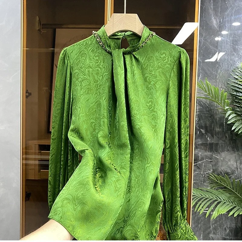 

Imitation Silk Top Women Stand Collar Jacquard Shirt Womens Tops Blouse