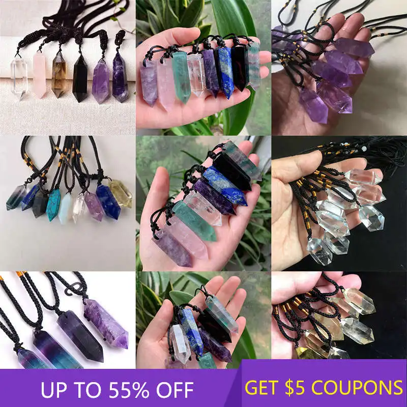 

Natural Clear Fluorite Amethyst Rose Quartz Crystal Stone Pendant Chakra Healing Gemstone Pendulum Necklace Jewelry Craft Gift