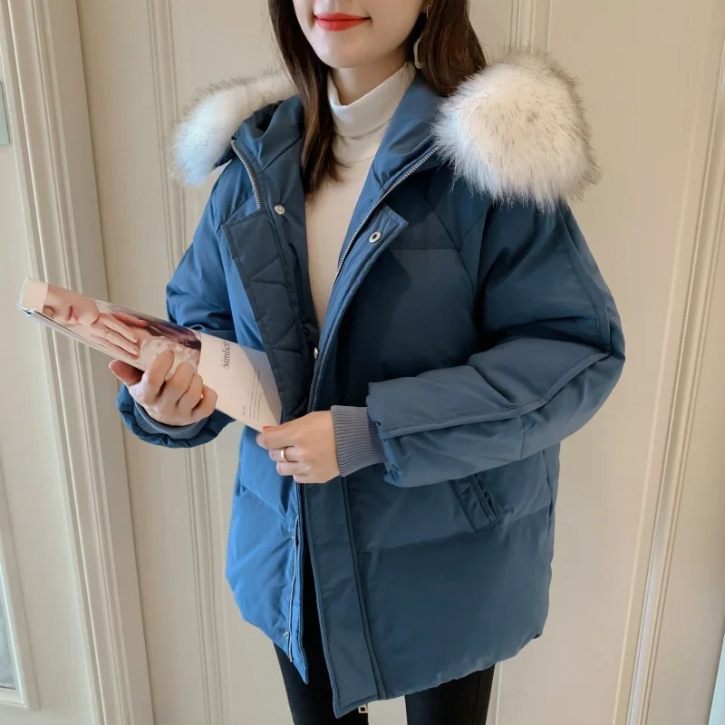 Zippers Loose Fur Collar Parkas Women Autumn Winter Thick Warm Down Coats Solid Color Hooded Outwear Urban Women Commute Jackets