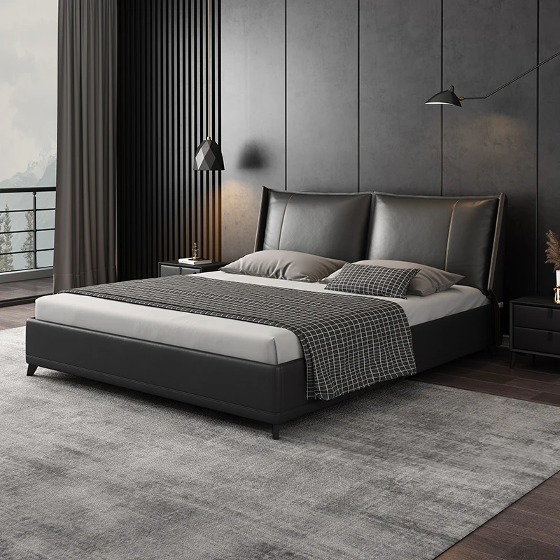 

Light luxury leather double bed master bedroom modern simple high box storage head leather wedding bed