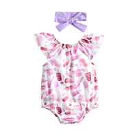 lovely baby girls clothing casual set fly sleeve crew neck ice cream print bodysuit with bowknot headband summer cotton outfit