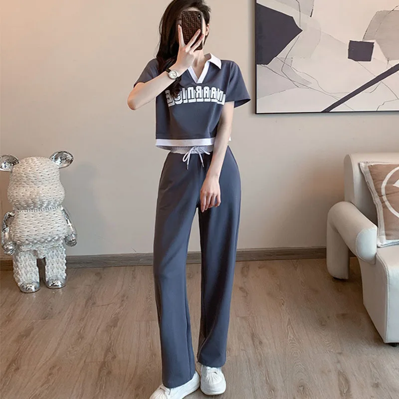

Summer Two Piece Sets Women Outfits V-neck Short Sleeve T-Shirt+ Wide Leg Pants Loose Suit 2023 Summer Female Casual Tracksuit