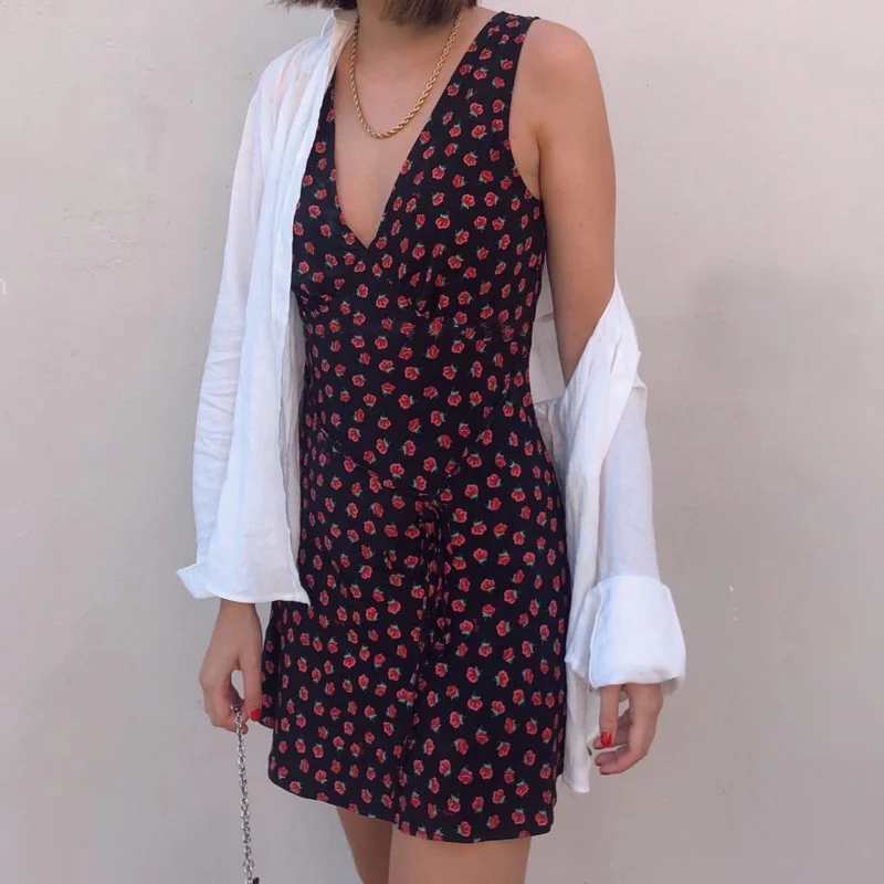 

Rouj* Women Summer Clothing Dress Mini Same Black Rose Printed V-Neck Backless Halter Short Dress Summer Skirt Fashion Style