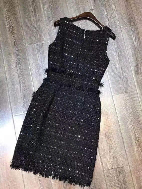 Fyion New 2023 Summer Fashion Runway Mini Dress Women Sleeveless Tweed Vestidos Casual Holiday Robes Black Dress