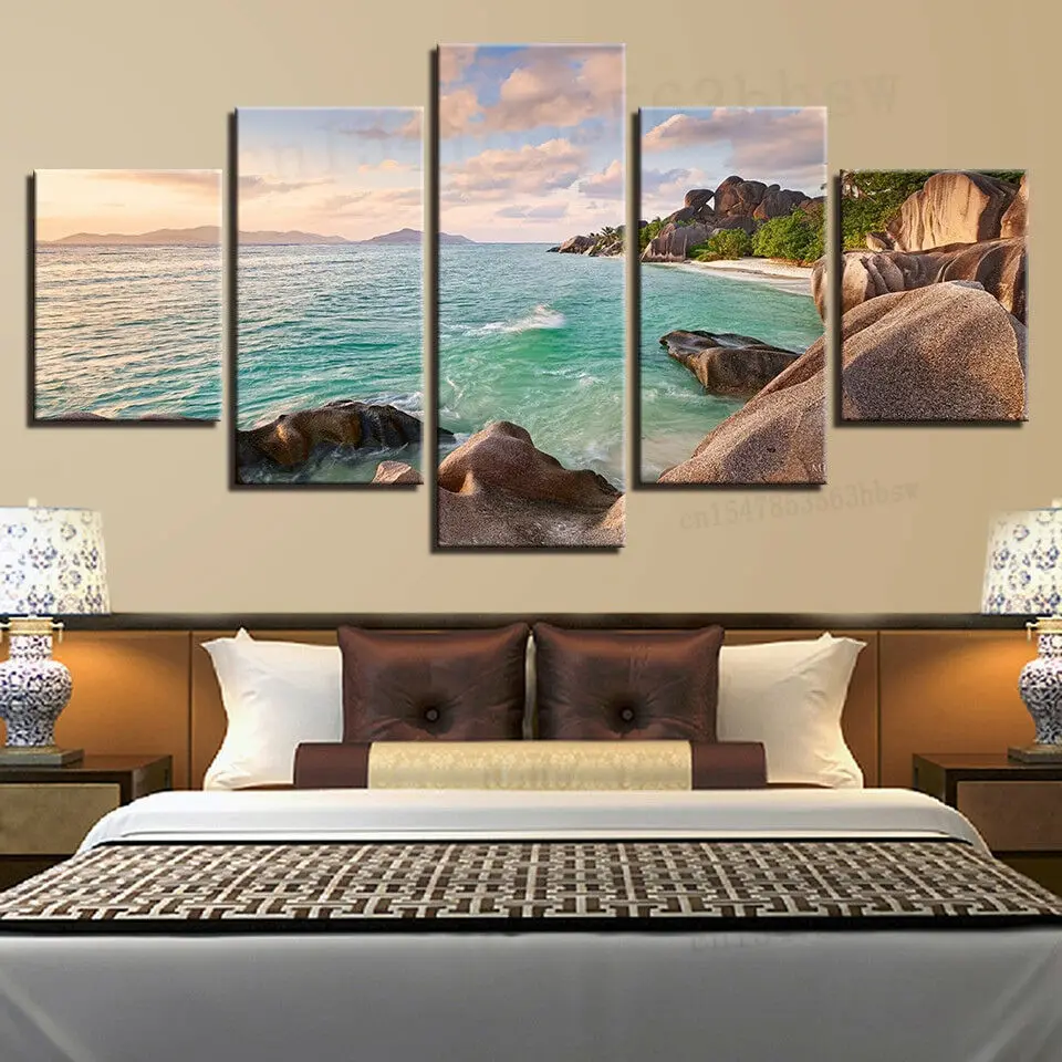 

Rocky Seashore Beach Tropical Island 5 Panel Canvas Print Wall Art Decor Poster HD Print Pictures Home Decor 5 Piece Room Decor