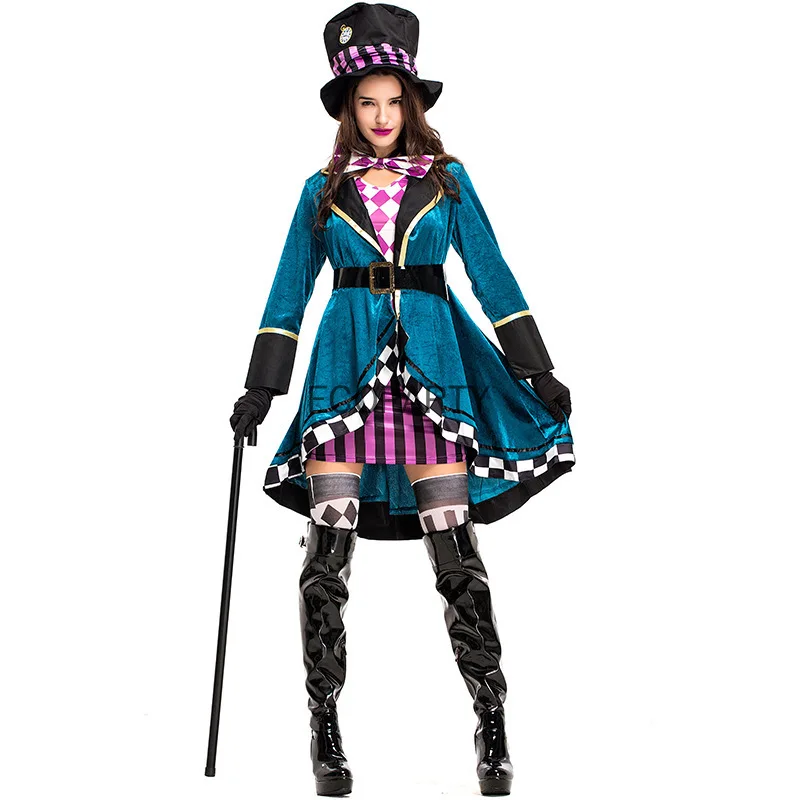 

Adult Women Miss Mad Hatter Fancy Dress Halloween Gothic Deluxe Ladies Alice in Wonderland Cosplay Fancy Dress with Hat Suit 40