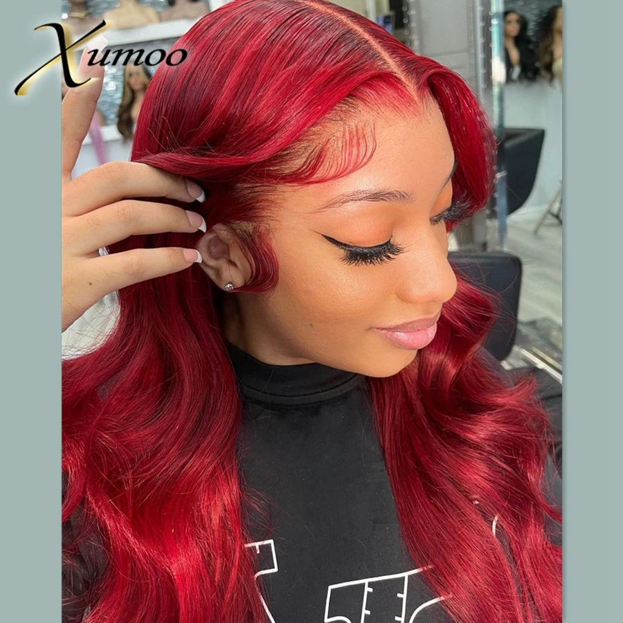 13x4 Red Lace Front Human Hair Wigs Glueless Body Wave 200 Density Pre Plucked Transparent Brazilian Remy 4x4 Lace Closure Wig