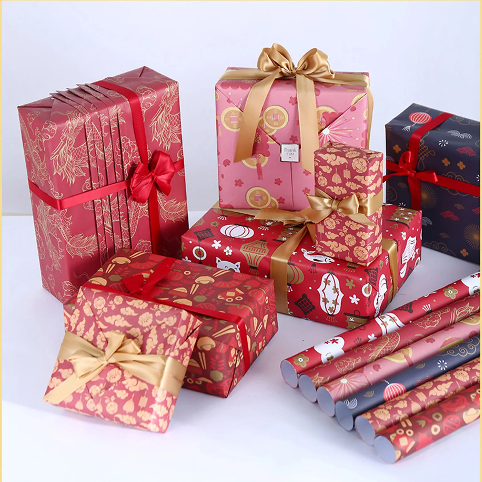 

Подарочная бумага, китайские праздничные Ретро красные новогодние подарочные коробки, оберточная бумага 80 г, двусторонняя мультяшная бума...