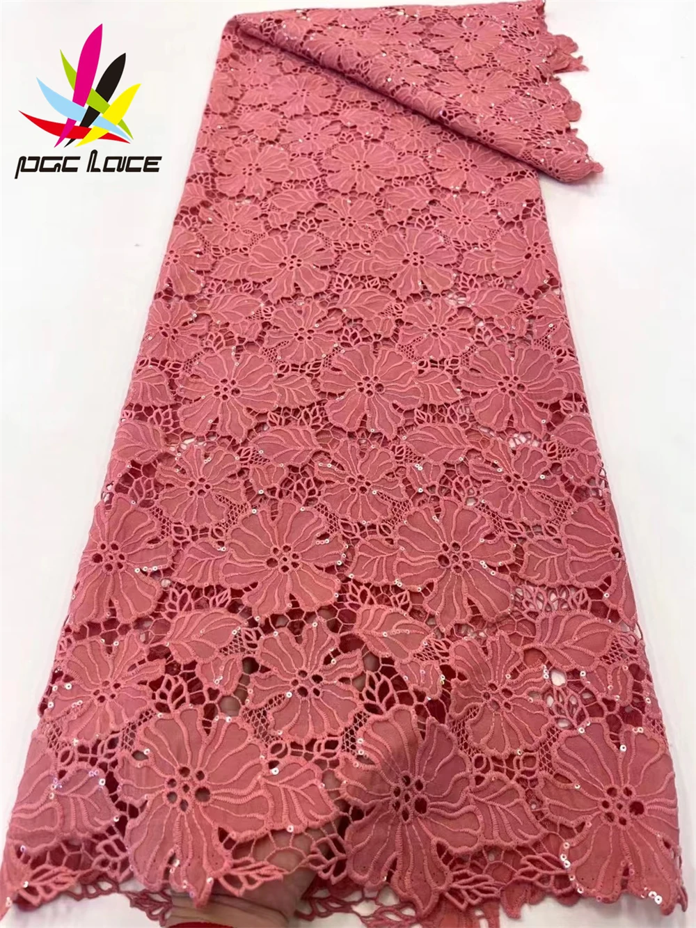 

PGC African Guipure Lace Fabrics 2022 High Quality Nigerian Milk Silk Lace Material 5 Yards For Wedding Dress Sewing LY1437-1