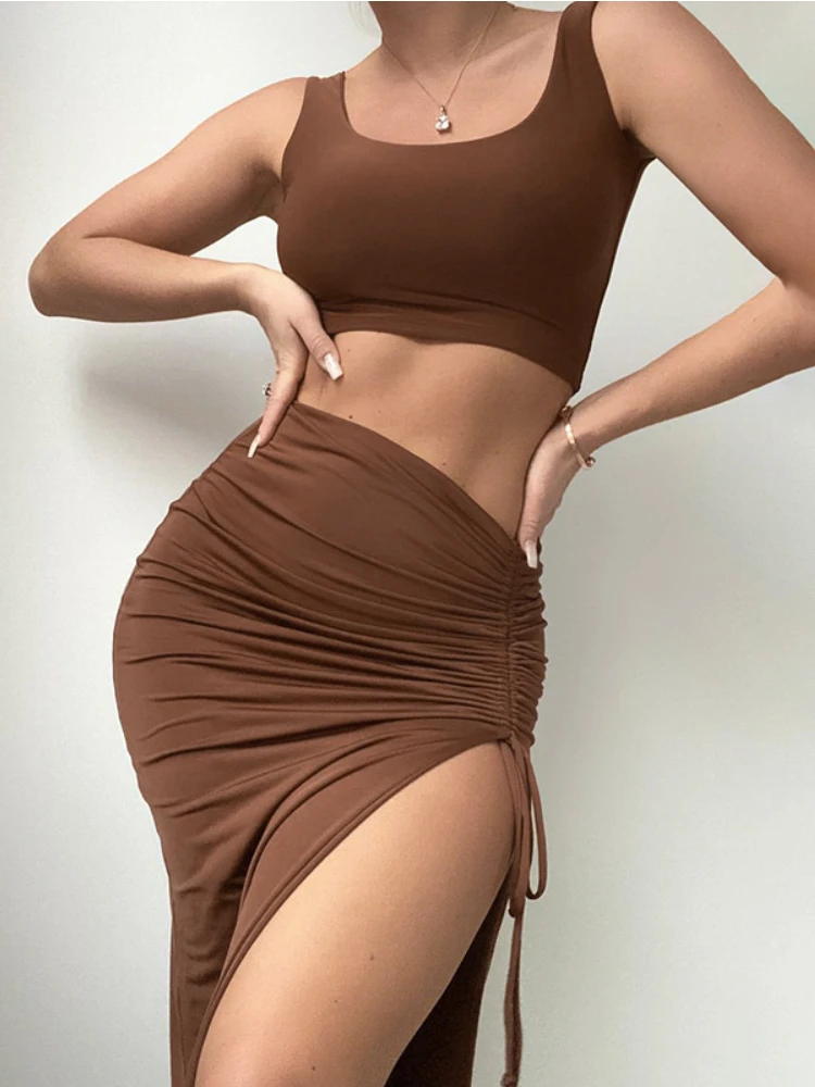 

Two Piece Club Outfits Sexy Gyaru Clothes Irregular Top and Skirt Set Slim Fit Tube Top Festival Dress Sets for Fashion Women