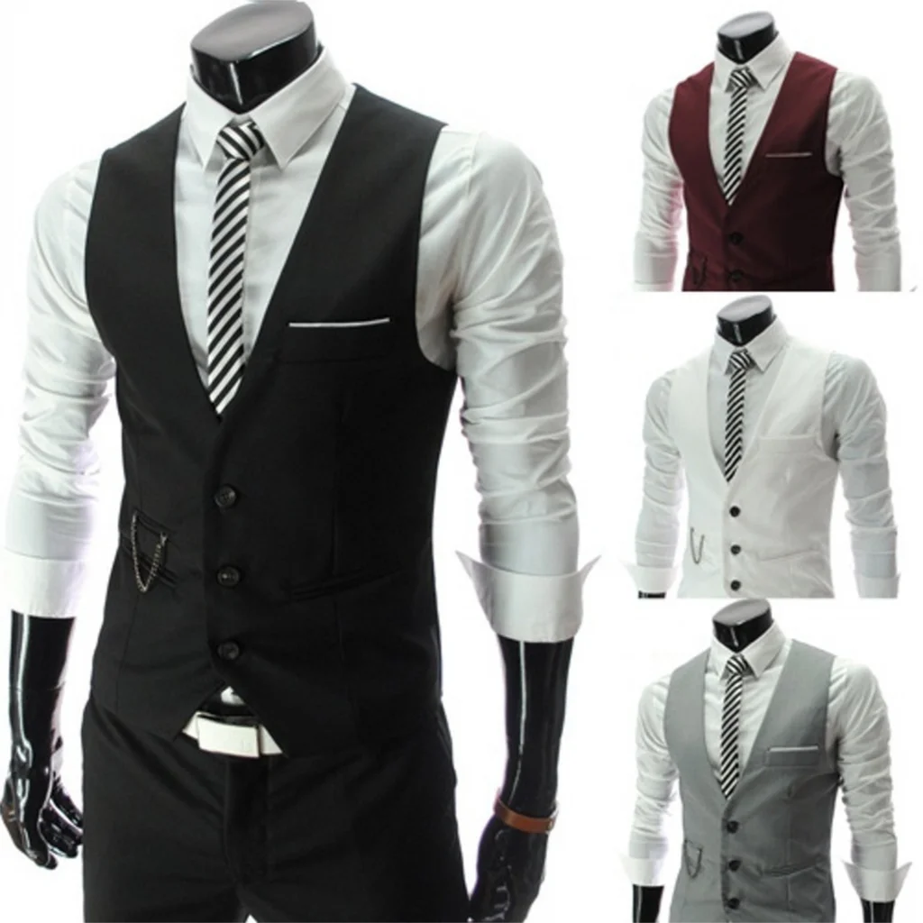 

New Suit Men's Slim V-neck Suit Vest Blazer British Business Fashion Suit Vest Men Vest Gentleman Slim Waistcoat Inside Black
