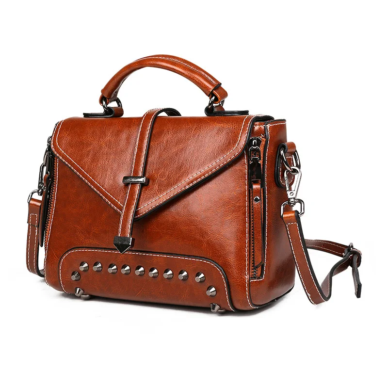 

Genuine Leather Women's Shoulder Bag Luxury Designer Handbag Ladies Cowhide Crossbody Bag Square Peg Embellished Casual Tote Bag