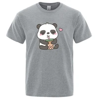 panda indulging in bubble tea tops man casual oversize t shirt cotton summer casual wear cartoon crewneck loose mens t shirts