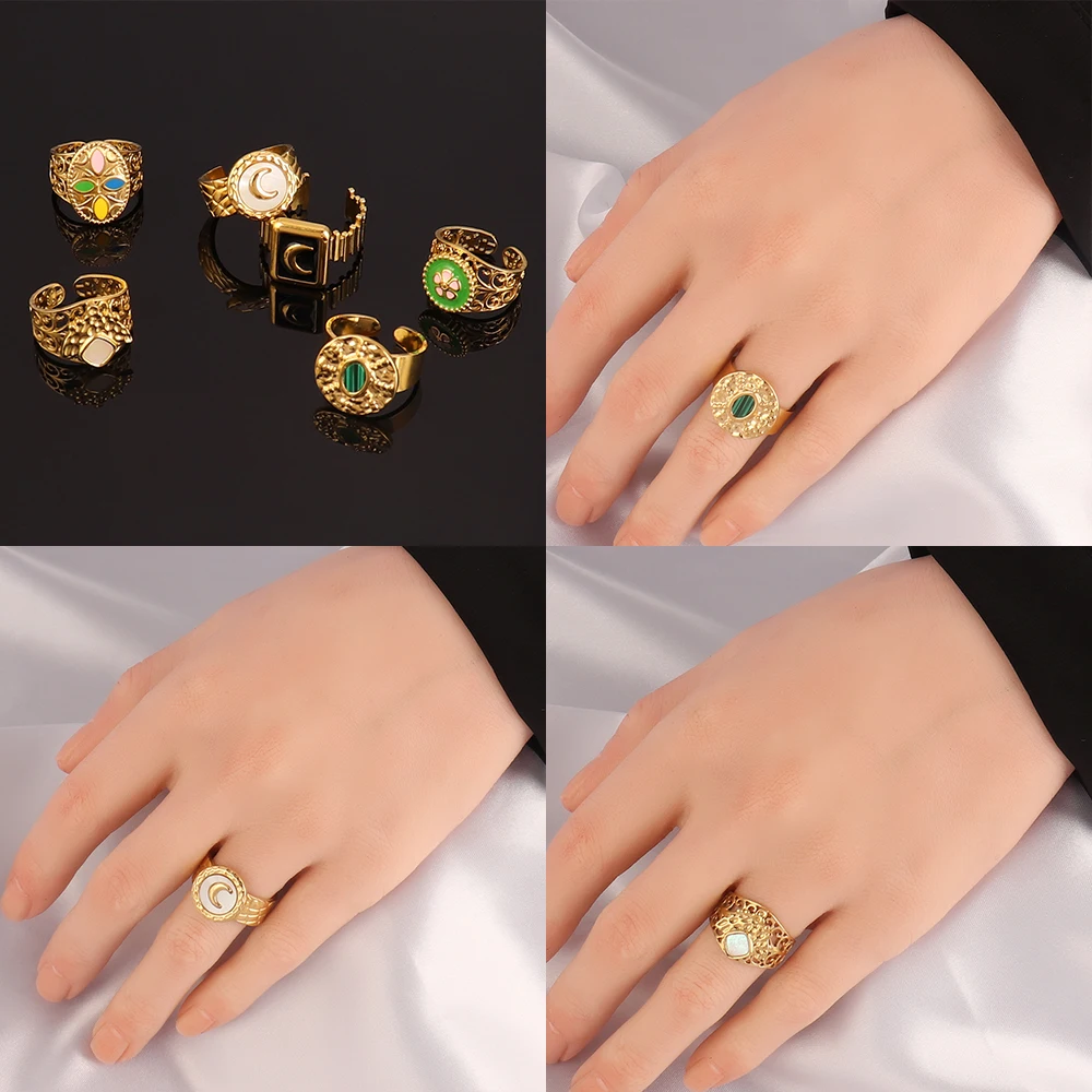 Vintage Stainless Steel Ring Gold Enamel Rings Geometry Colorful Chain Open For Women Jewelry Gift Wholesale |