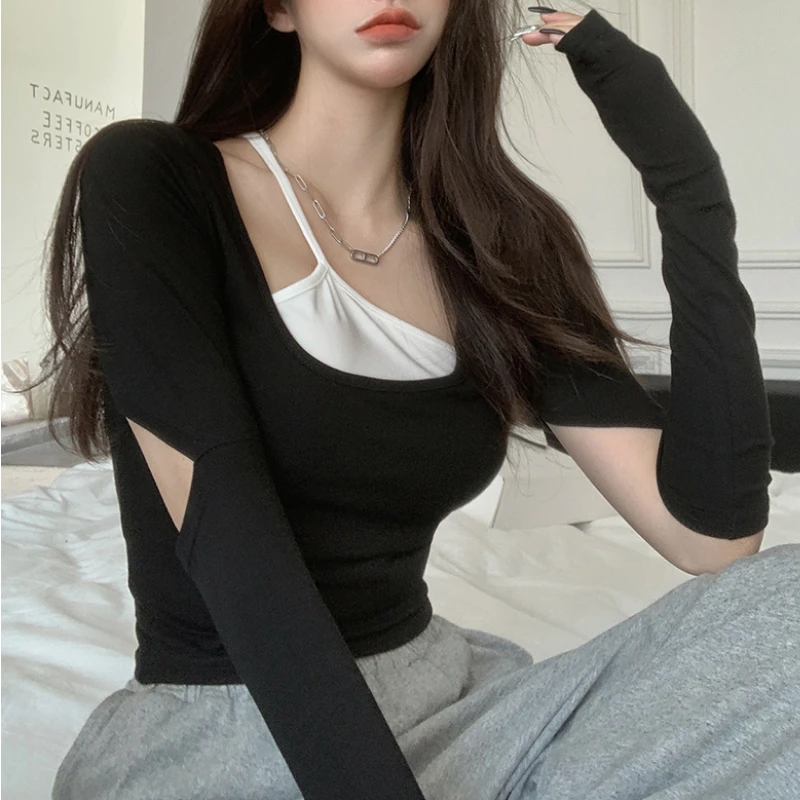

Hot Girl Long-sleeved Y2k T-shirt Women's Summer Outer Wear Contrast Color Tight-fitting Short T-Shirt Chic Crop Tops