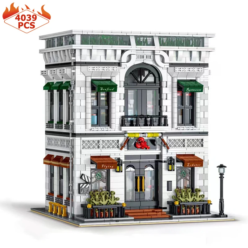 

City Street View Seafood Restaurant Flying Lobster Modular Building Blocks Idea Architecture Bricks Set Toys For Kid Gift MOC