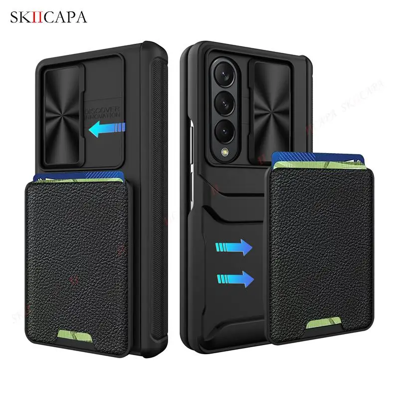 

For Samsung Z Fold 4 5G Slide Lens Protective Hinged Case For Galaxy Z Fold4 5G Magnetic Card Slot Wallet Cover with Steel Film