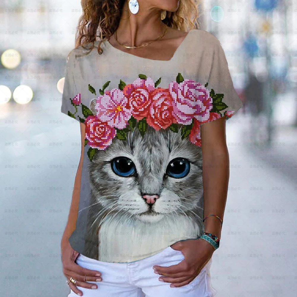 

Женская футболка с абстрактным 3D-принтом кота, Повседневная Свободная футболка с коротким рукавом, женская уличная одежда 5XL, модный топ, ле...