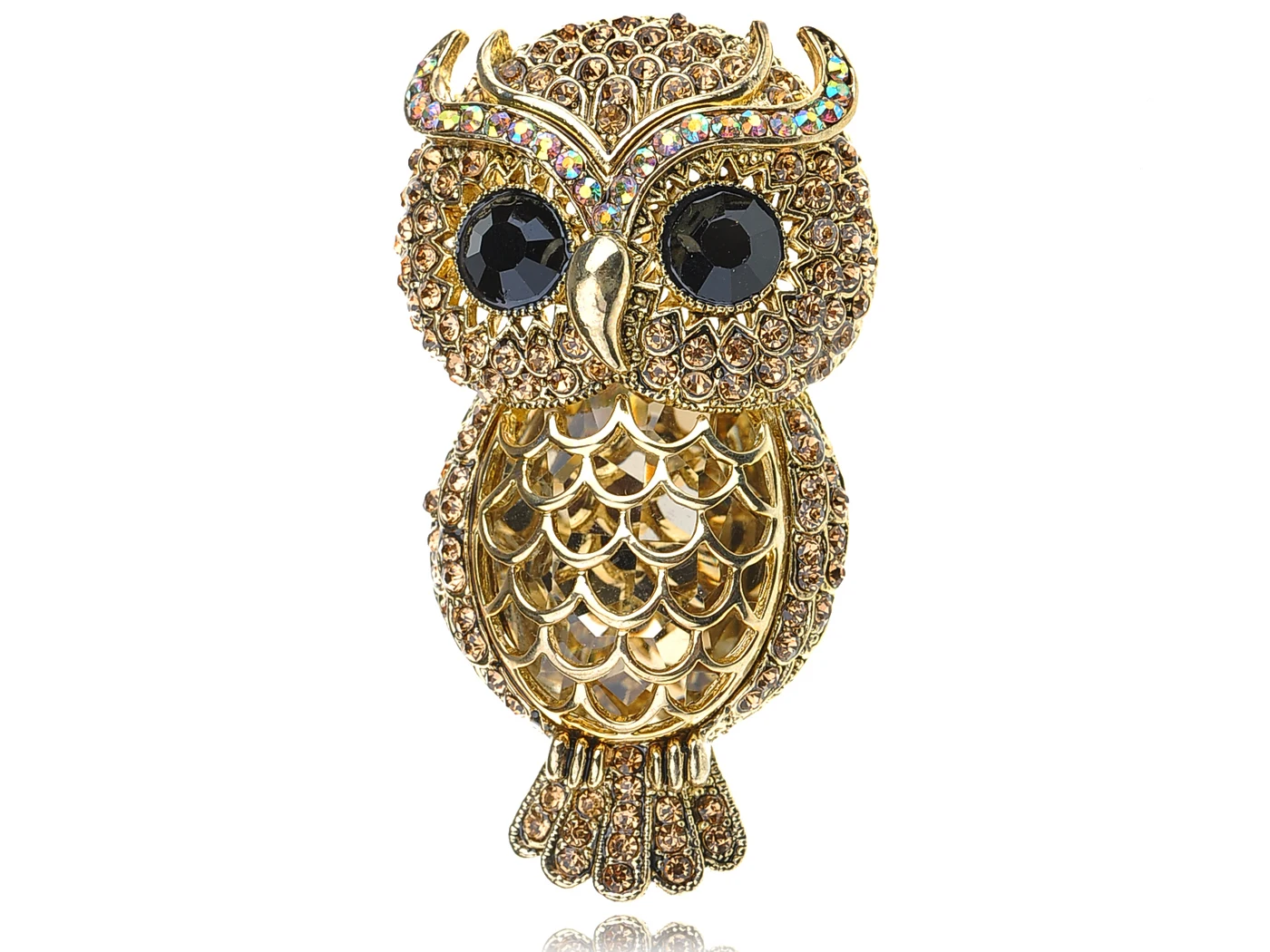 

Gold Toned Topaz Crystal Rhinestone Owl Greek Roman Mythical Bird Novelty Pin Brooch