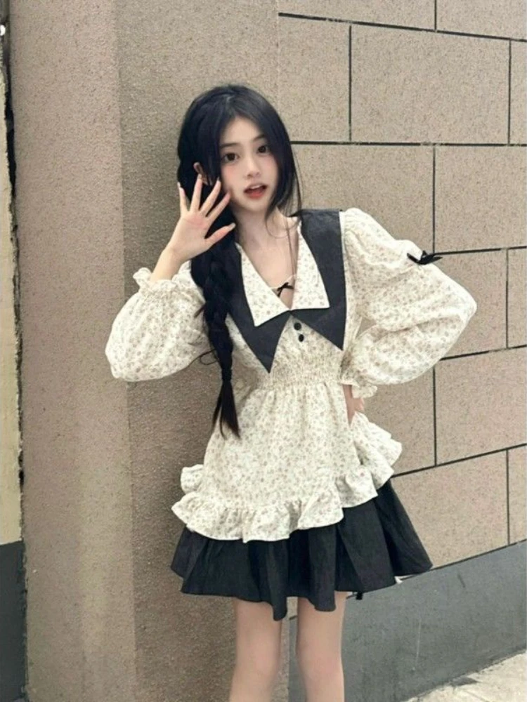 

Deeptown Kawaii Floral Bow Patchwork Princess Dresses Women Vintage Ruffles Lace Up Two Layer Long Puff Sleeve Pleated Dress