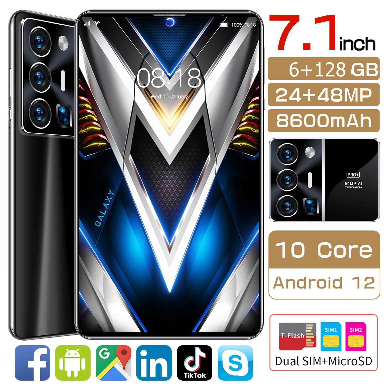 

Мини-планшет X70, 10 ядер, 8600 мАч, Android 12, 7,1 дюйма, 2 SIM-карты, 6 + 128 ГБ, GPS, 48 МП