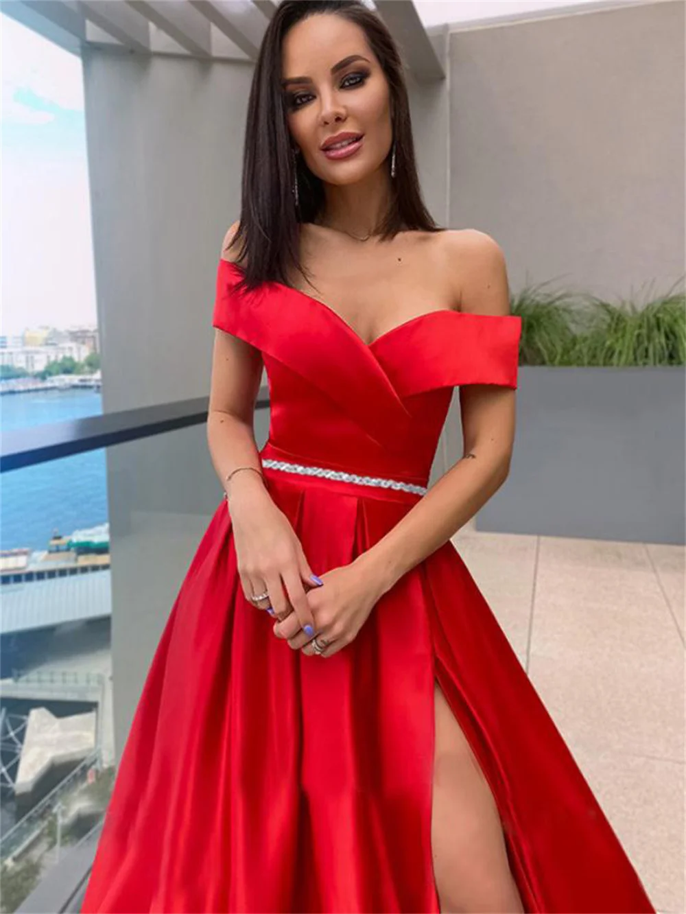 Women Fashion Soft Satin Party Dress Off-Shoulder V-neck Prom Evening Dress Elegant Sexy High Split Formal Dresses