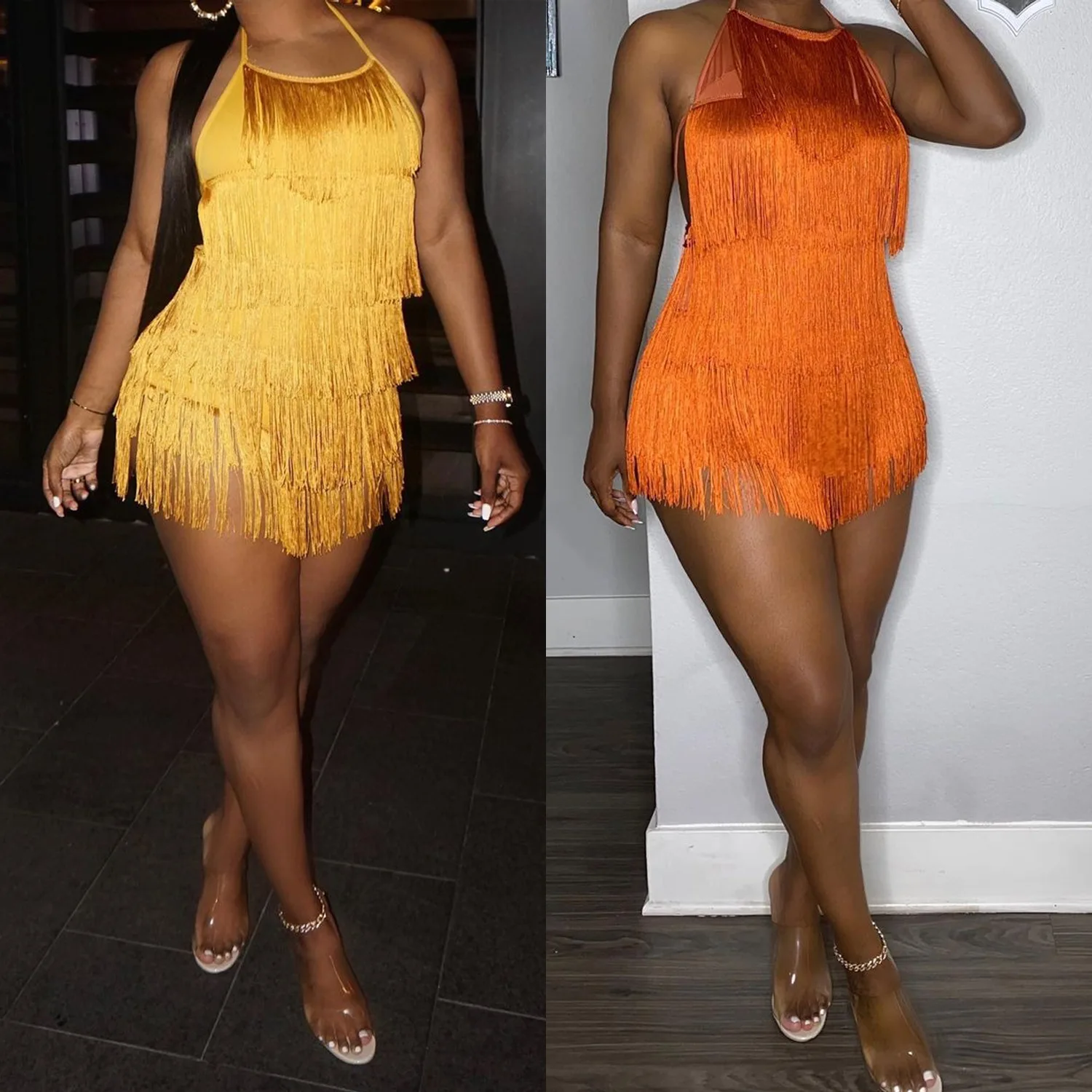 

LKF Summer Party Fashion Sexy Tight Solid Color Tassel Suspender Backless Nightclub Jumpsuit Women