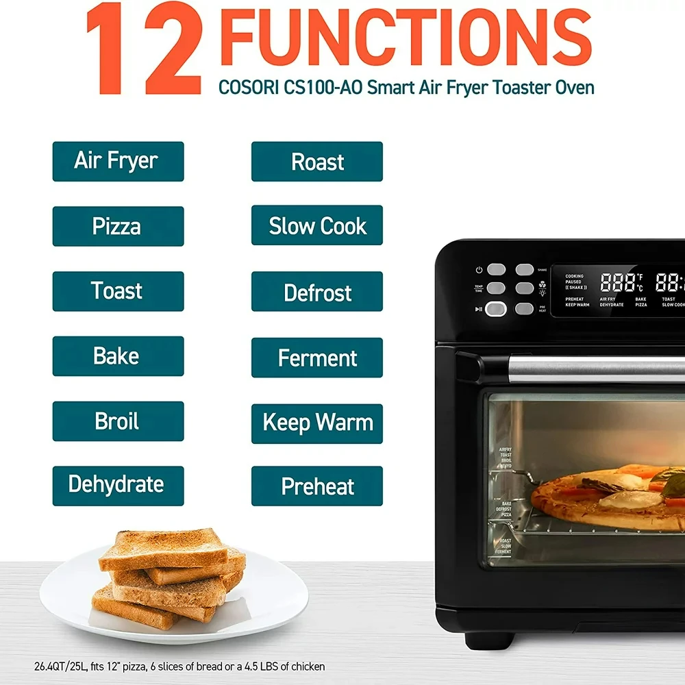 Oven Air Fryer CS100-AO-RXB,  26.4QT Large Stainless Steel Convection Oven for Pizza, Rotisserie, Bonus Extra Meat thermometer,