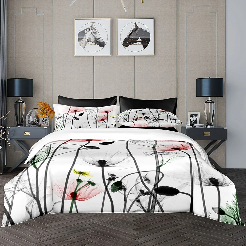 Ink Painting Pattern Duvet Cover Set 220x240 Elegant Soft Quilt 220x260 With Pillowcase White Flat Sheet Bedding