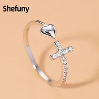 925 sterling silver heart love cross adjustable finger ring nurse angel in white open size ring for women fine jewelry free ship