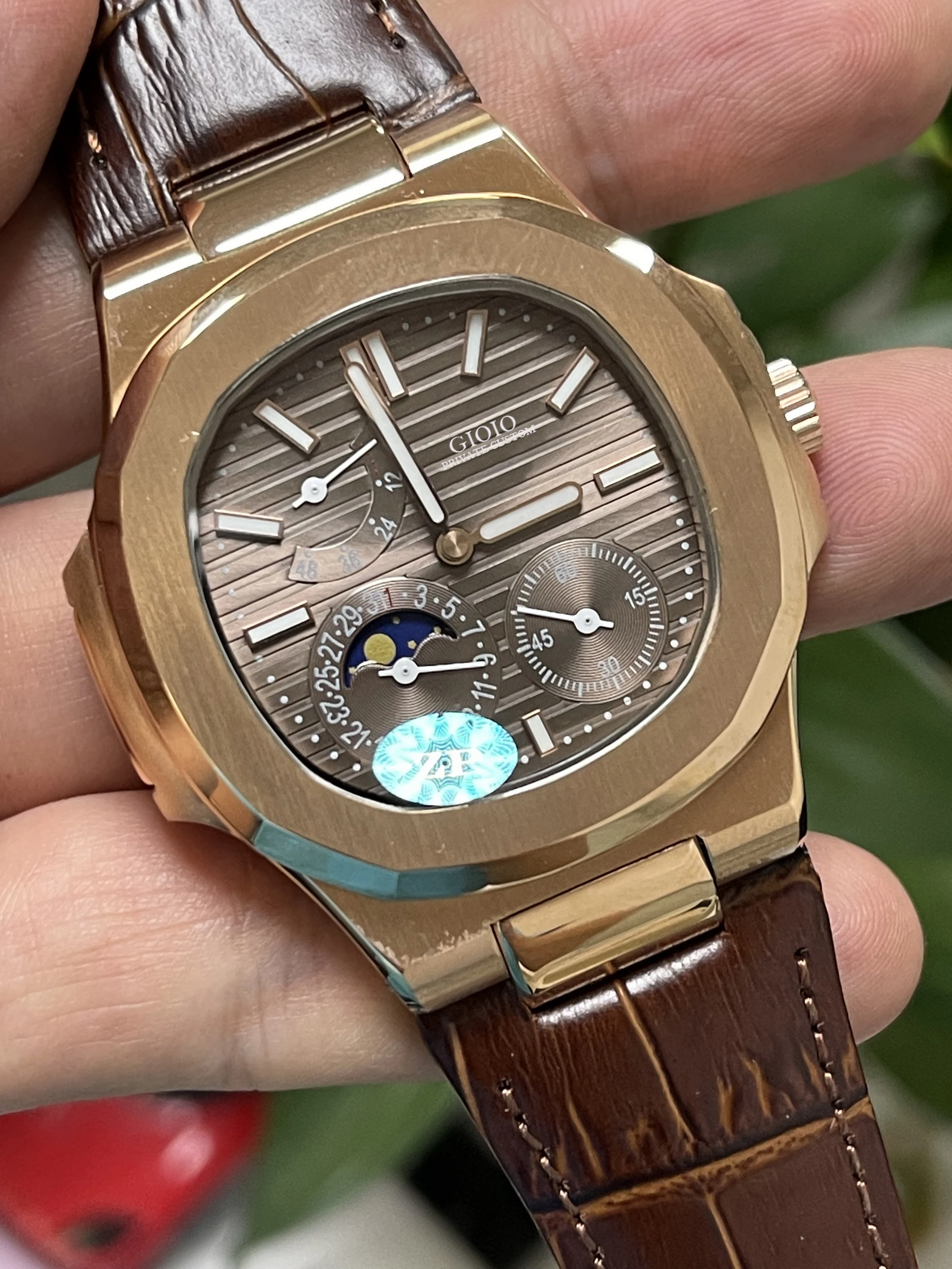 

Men Automatic Mechanical Rose Gold Black Blue Leather Moon Phase Power Watch