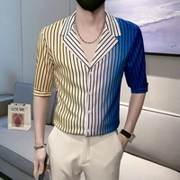 gradient striped shirts for men summer half sleeve slim casual shirt fashion suit collar streetwear shirts social nightclub tops