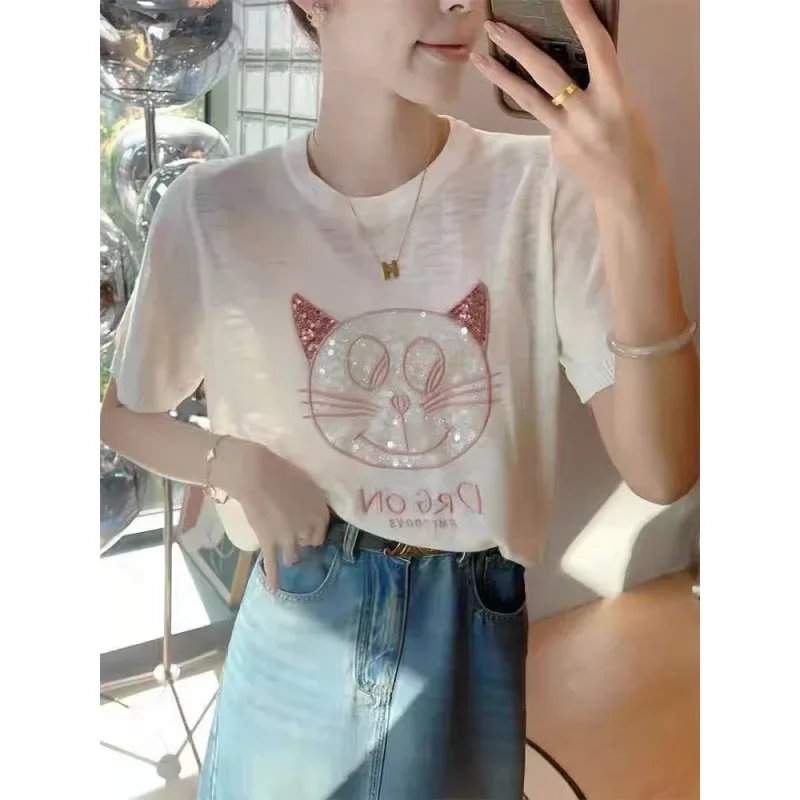 Белый вязаный Топ из ледяного шелка женский модный Свободный с коротким рукавом