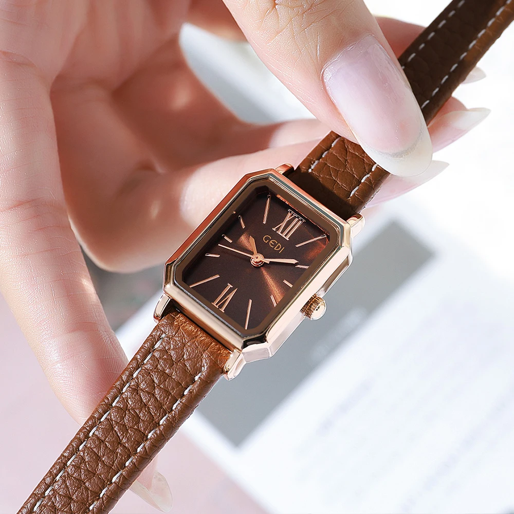 GEDI Retro Rectangle Women Watches Leather Strap Ultra-thin Waterproof Ladies Quartz Wrist Watch Casual Vintage Female Clock New