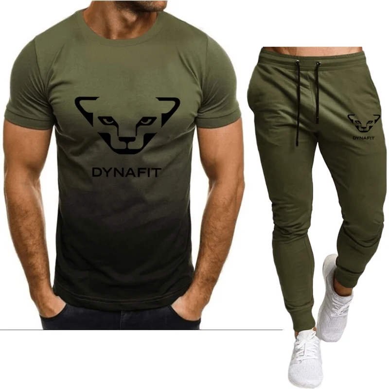 Summer men's casual two-piece suit, fashion breathable T-shirt sweat-absorbing running trousers fitness sports suit