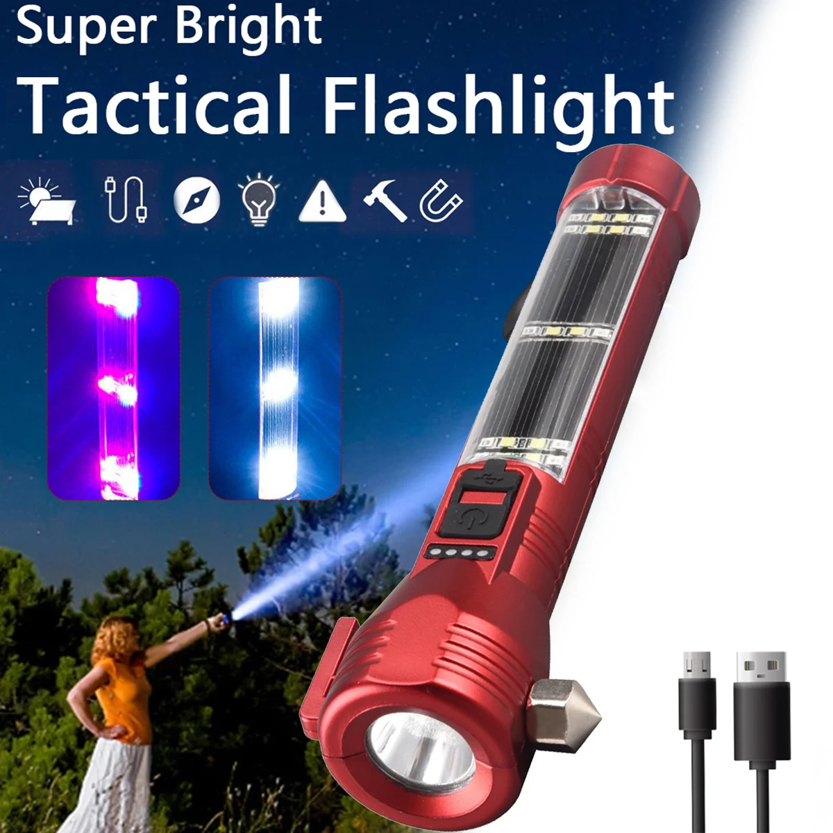 

LED Flashlight Solar Powered Tactical Flashlight IPX6 Waterproof USB Rechargeable Torch Bright Flashlight Outdoor Camping Light