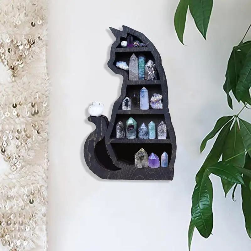 

Деревянная стеллаж в виде кошки в Луне, стена с кристаллами, маленькое растение, для гостиной, спальни, домашний декор для хранения