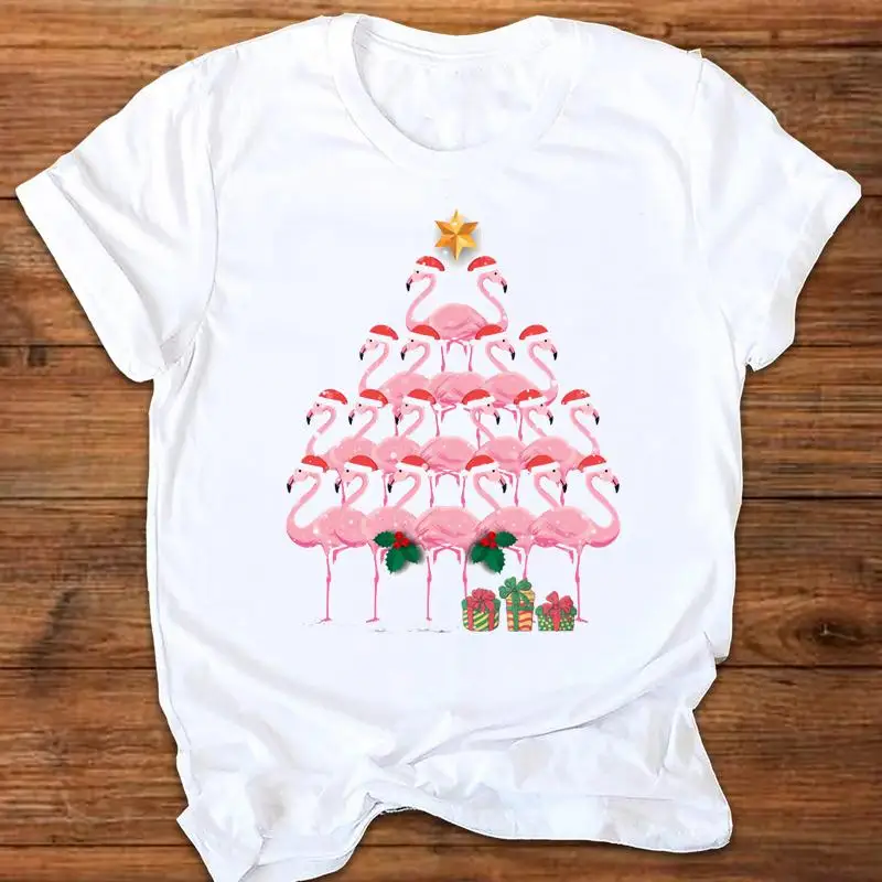 

Women 2022 Merry Christmas Flamingo Lovely Trend Wear T Shirt New Year Season Print Tops Winter Graphic Tees Clothing T-Shirt