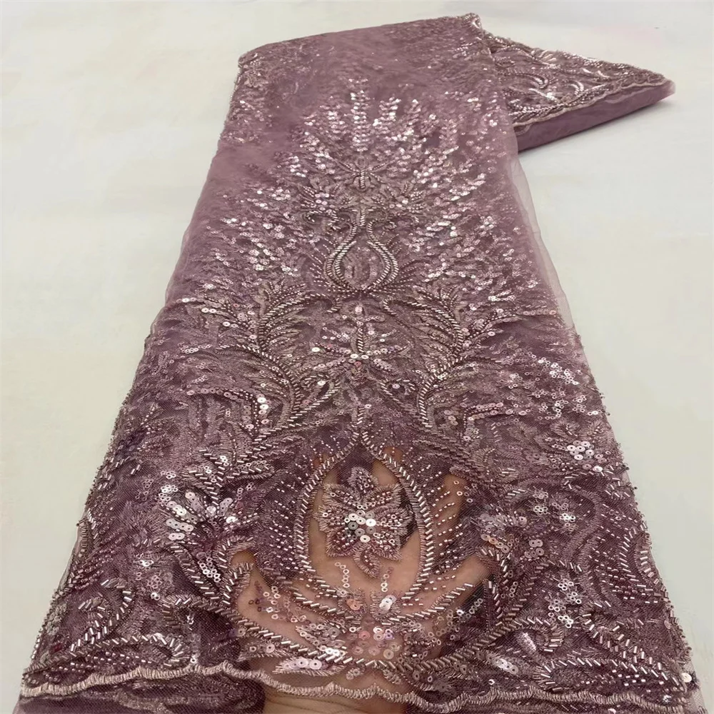 

Handmade Beaded Lace Fabric French Wedding Dress Latest Nigeria Embroidery Net lace 2022 French Tulle Lace With Sequins x74-25