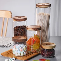 750ml acacia wood glass storage jar with lid transparent groceries coffee beans tea cans candy nuts sealed jars home decoration