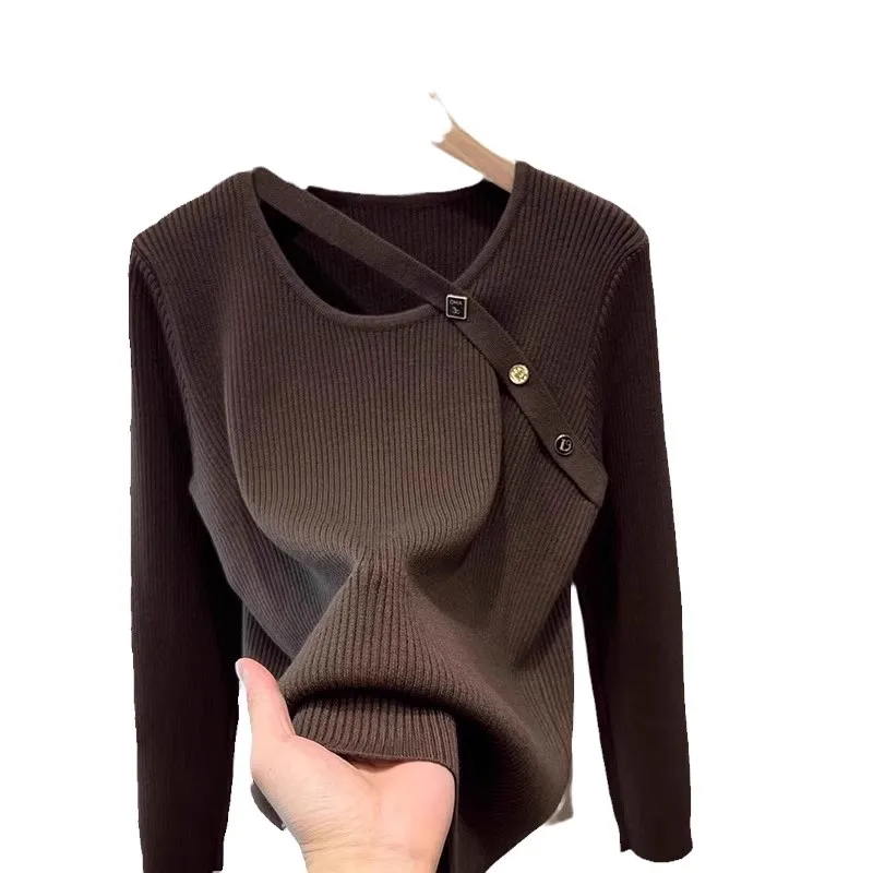Модный осенний вязаный свитер с длинным рукавом и круглым вырезом женские