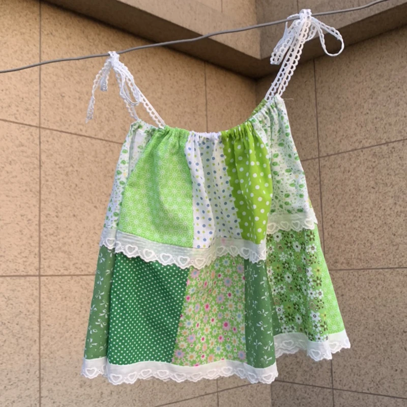 

Cute Top Women Summer Lace Trim Patchwork Floral Cropped for Sweet Girl Kawaii Clothes