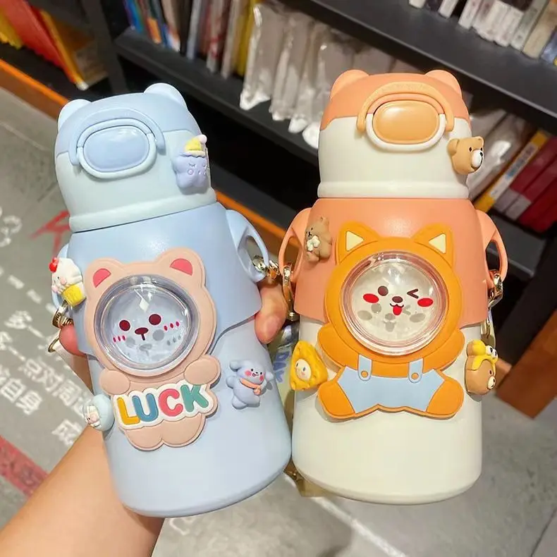 

Portable Cute Thermos Bottle 500ml With Straw Strap Water Bottle Sport Insulation Cup Stainless Steel Thermal Drinking Bottle