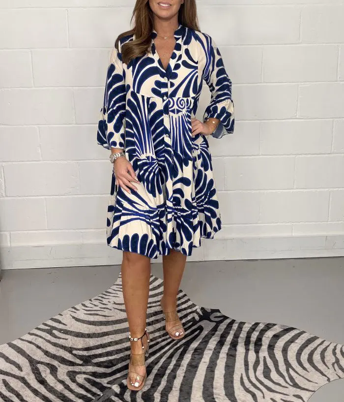 

2023 Autumn Bohemian Women's Short Dress Black V-neck Print Puff Sleeve Button Loose Dresses New Casual Female Ladies Clothes