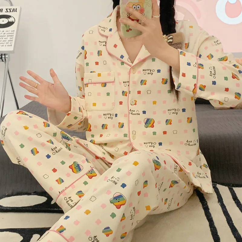 Sweet Style Pajamas Women's Spring and Autumn Imitation Cotton High Grade Long Sleeve Pants Two Piece Set Cute Student Home Fury