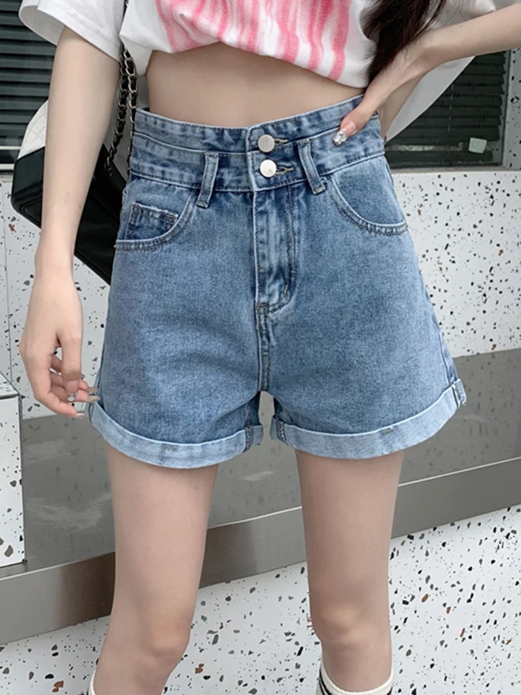 

FTLZZ New Summer Women Casual Vintage Buttons Wide Leg Denim Shorts Lady Fashion High Waist Solid Color Straight Jean Shorts