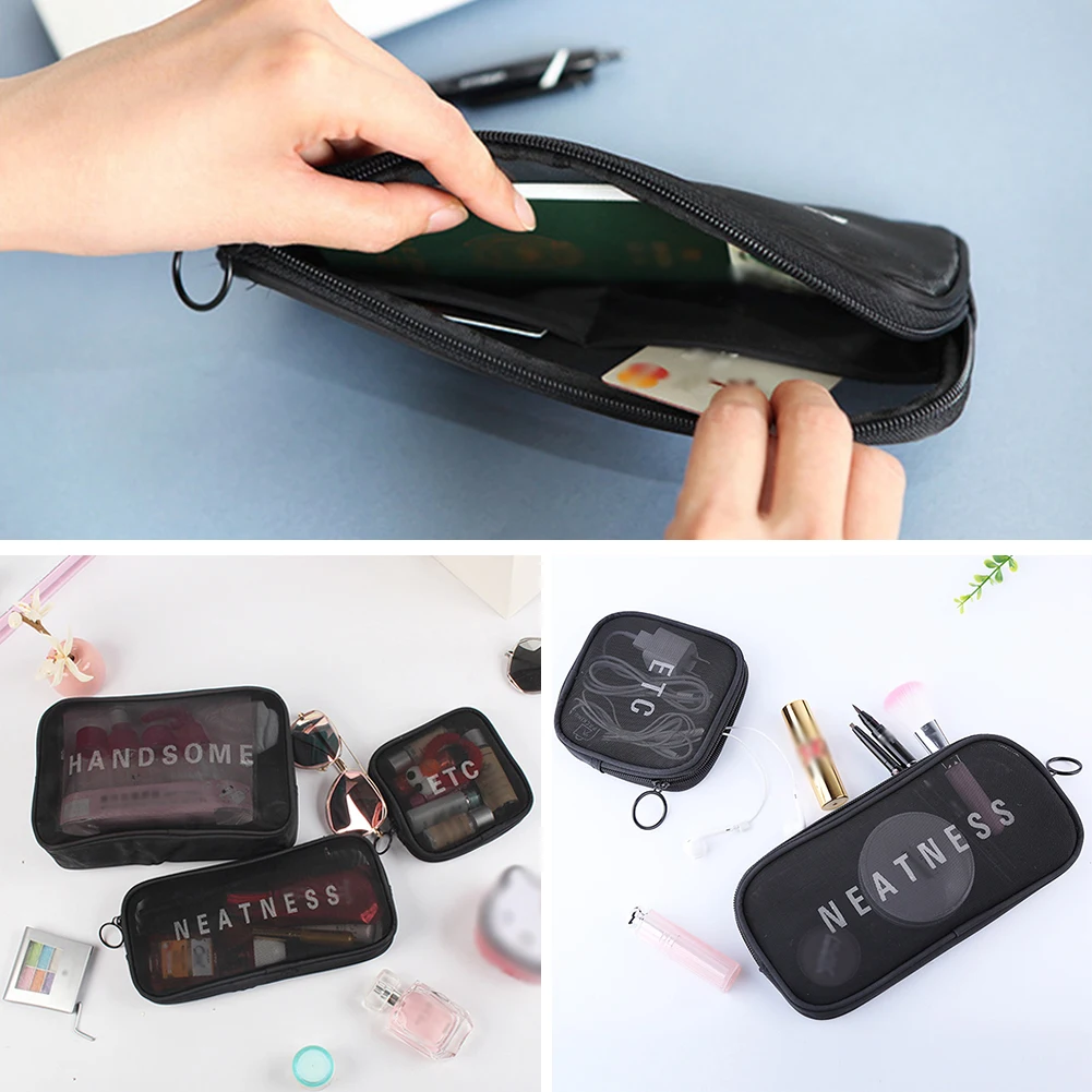 

Transparent Mesh Black Makeup Case Organizer Storage Pouch Casual Zipper Toiletry Wash Bags Make Up Women Travel Cosmetic Bag