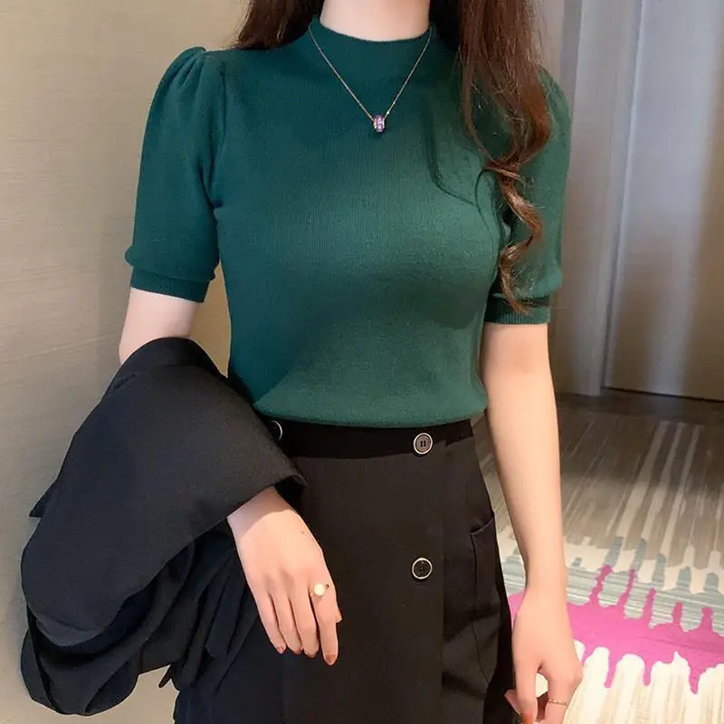 

Half Height Collar Knitting Bright Colors Women Clothes Puff Sleeve Bottoming Multiple Colors Tops Screw Thread Spring Summer