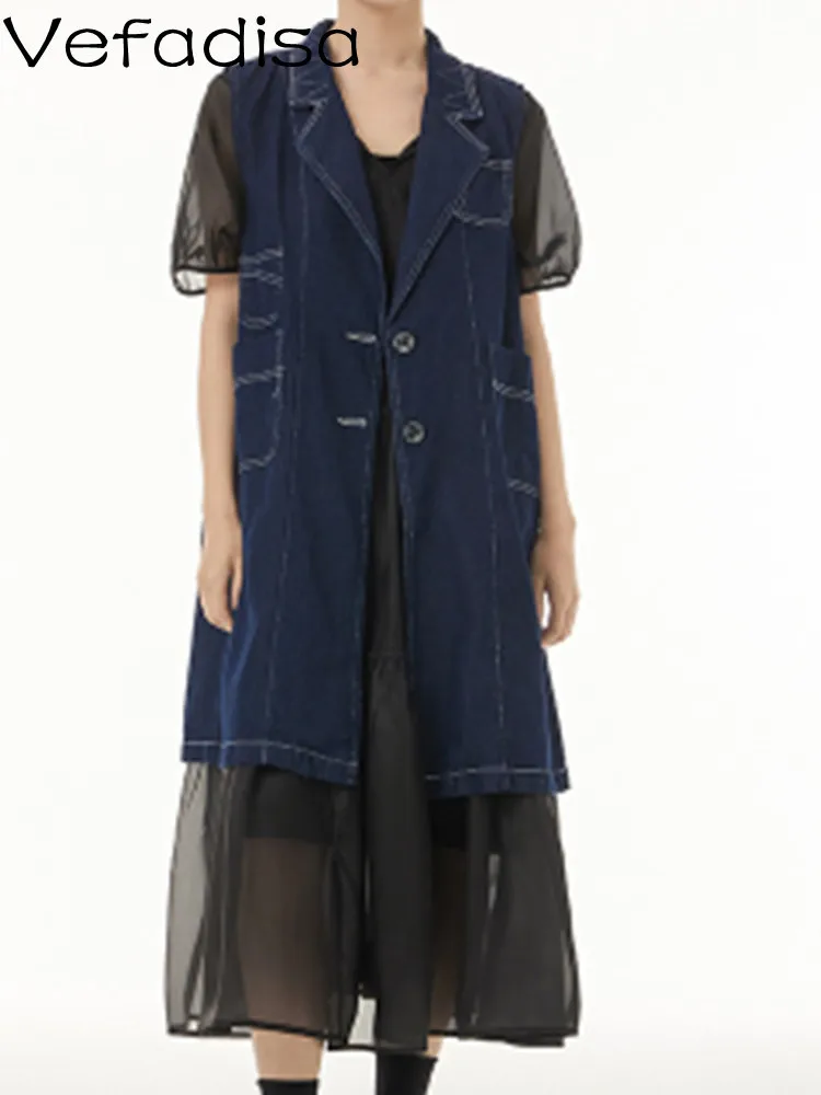 

Vefadisa 2023 Spring Autumn Distressed Denim Waistcoat Personalized Suit Collar Loose And Thin Casual Sleeveless Jacket LWL350
